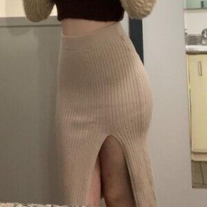 Beige Ribbed Knit Midi Skirt with Front Slit